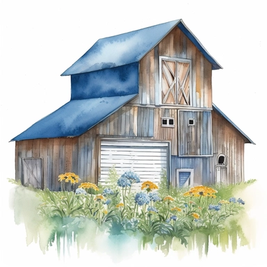 Visualize a clipart-style watercolor illustration of a close up of detailed blue barn surrounded by wildflowers on a summer day, set against a clean white background. Use bright, pastel colors to bring out the wood grain's rich texture, ensuring the colors pop against the stark white backdrop. The barn's vibrant color and the leading lines of the barn's roof and doors should create a sense of depth, making the barn the center of attention. The composition should place the barn centrally, emphasi
