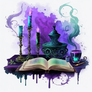 Gothic style Magical wizard inventory on the table with watercolor effect,mystical magic books,victorian style candlestick,fantasy scene, suitable for digital clipart,dark colours,purple color,blue color,green color,white background