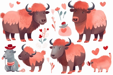 Cute Bison in valentine Day clipart, cartoon, white background,