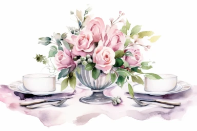 Design a watercolor clipart of a pink rose centerpiece arrangement with lush blooms and greenery, placed on a beautifully set tea party table, complete with pink rose napkins, silverware, and crystal glasses, in the style of delicate and detailed watercolors, viewed from a slightly elevated perspective, hd, spaced out, on a white background