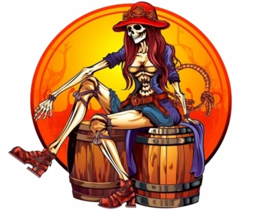 clipart of female pirate skeleton drinking a beer in hand with a hook for the other hand, sitting on a barrel isolated on a white background t-shirt design in vivid colors