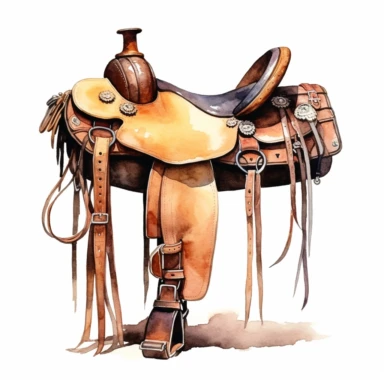 Western saddle without horse, watercolor, clipart, illustration, white background, digital painting, paper crafting, no signature, no text