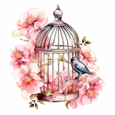 Pink flower bird cage illustration clipart, detailed, black outline, white background, 4k, watercolor, digital art
