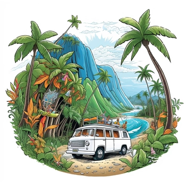 Create a captivating image of a van elegantly navigating through a vibrant wave, surfboards adding a touch of adventure, surrounded by towering cliffs and lush greenery, set against a clean white canvas, mystical, illustration style, white background, clipart, PNG pure white background, high resolution, hyper detailed, best quality, high detailed illustration