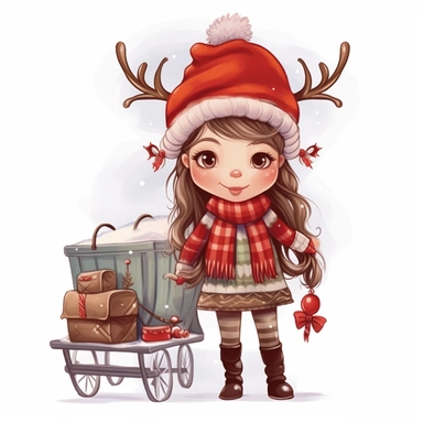 cute christmas winter reindeer elf girl wearing winter coat woolly hat and scarf and boots pulling a sleigh full of Christmas gifts isolated on a white solid background Clipart