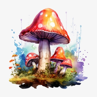 A colorful watercolor mushroom fantasy clipart in PNG format, with a white background and easy to cut out