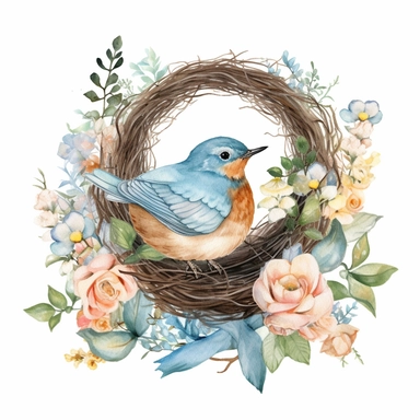 a dreamy watercolour pastel composition of a robin in a nest sitting on bright blue eggs surrounded by delicate flowers, isolated on a white background for clipart or sticker, enchanting cottagecore style by digitalcurio, warm and cozy feeling, cute