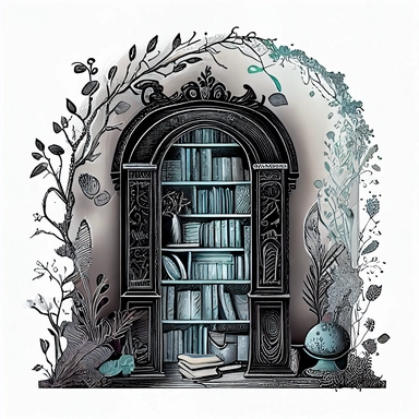 Fantasy periwinkle grey and black vintage book room clipart on a white background, an illustration of by Annabel Kidston, shutterstock contest winner, generative art, detailed painting, digital illustration, photoillustration isolated on white background, digital watercolor