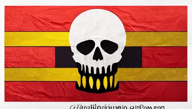 clipart flag of House Victus, evil blacks, reds, yellows, simple flame and skull,