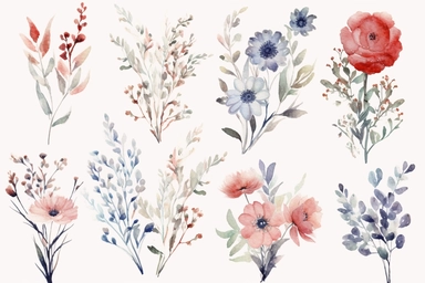 enchanted RED AND BLUE flowers ARRANGMENTS, WATERCOLOR HAND PAINTED clipart, WATERCOLOR AIRY PASTEL COLORS, VISIBLE WATERCOLOR BRUSH TOUCHES, WATERCOLOR SPLASHESD, DREAMY AND ELEGANT, COLORFUL DREAMY FLOWERS, white background, WATERCOLOR 8k,