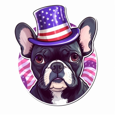 sticker, white background, black pround french bulldog with purple eyes, in style Independence Day in usa, hat with an american flag, clipart