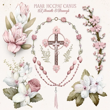 catholic rosary clip art props , boho pink and white watercolor flowers
