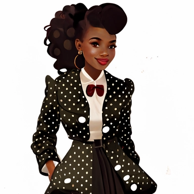 beautiful smiling african american woman from a video game walking wearing polka dot suit with large pleated bow on jacket, clipart