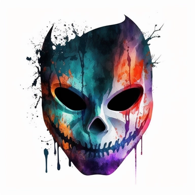 scary halloween mask watercolour tempera clipart illustration, vivid dark colours, clean, crisp, smooth, white background