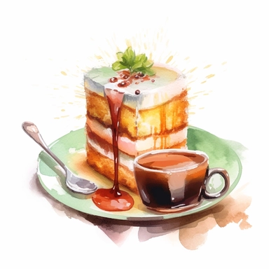 Vietnamese coffee in a metal drip filter with a pandan cake on a plate, Watercolor, pastels, clipart, beautiful, colourfull, png transparent white background, high resolution, no caption q4 s2