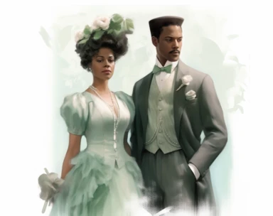 mint green pastel vector clipart african american mrs, in the style of dark white and light emerald, victorian-inspired illustrations, detailed botanical studies, nick alm, jeannette guichard-bunel, sterling silver highlights, hand-painted details