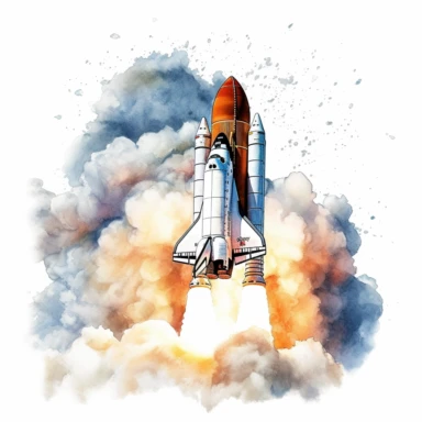 A clipart of a space shuttle launching with smoke billowing beneath it, created in watercolor style, all on a white background.