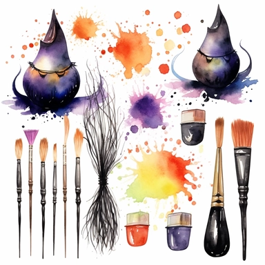 beautiful loose watercolor, halloween clipart, a witch's broom , clipart set, simple, halloween colors , cartoon elements, different variants , candy , black cat ,separate elements with a margin, on white backgound