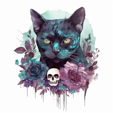 hand drawn black cat, sitting with front paw resting on a skull, flowers and crystals, shades of burgundy purple and teal, romantic and edgy, very detailed and realistic, watercolor, clipart style
