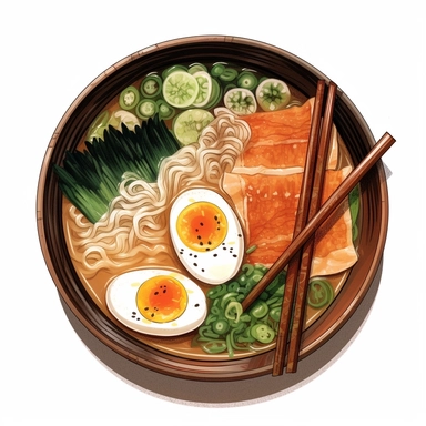 Picture an enticing ramen clipart featuring a brimming bowl of the beloved Japanese noodle soup. The intricate artwork shows the different textures and colors in the dish, from the silky noodles to the lustrous slices of roast pork, the soft yellow of the halved ramen egg, and the vibrant greens of the scallions. The image is presented against a stark white background, allowing the ramen to steal the spotlight.