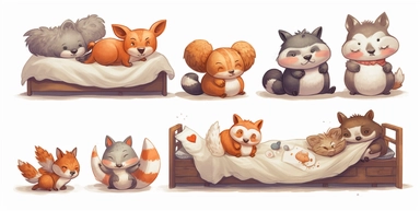 clipart set, transparent background, multiple cute animals sleeping, winning illustration, little nightmares, white pillows, vaughan ling, rendered image