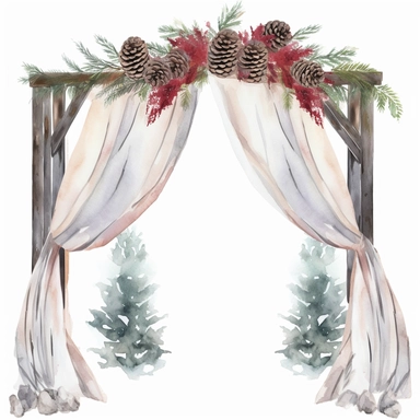 create a single arch Watercolor Clipart winter with snow covered pine cones, cranberries, pine trees, Christmas theme include sheer drapes, arbor, garland, poinsettia, mistletoe, white background, no text, no fonts