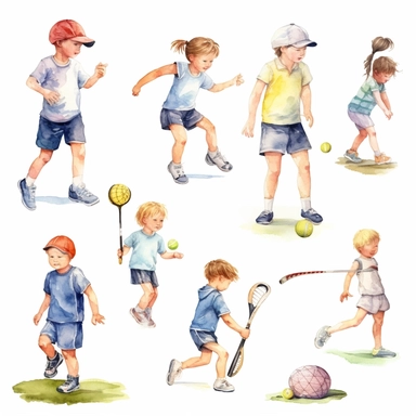 watercolor, Happy children playing sports games, doing physical exercise. Training set. Football, baseball, tennis, karate. Active healthy childhood. png Full body realistic cartoon in 32K UHD cute. 15 cm thick outline. Black color. There was no shadow on