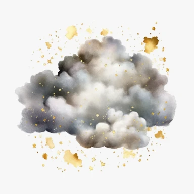 watercolor realistic cloud with gold stars clipart, single clipart, high resolution, light color, 8k