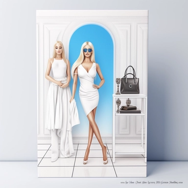 full view, clipart illustration, beautiful blonde lady posing dressed in white bodycon dress, standing in beautiful room with designer clothes on clothes rack and shopping bag, sharp focus, high detail, 8k, photo realistic, transparent background, (--iw 5)