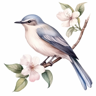 watercolor bird on a flower branch, clipart, white background,