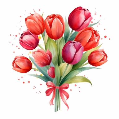 Birthday tulip red color bouquet watercolor design clipart