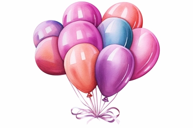 shades of pink balloons bunched up side by side, holding a present, clip art, colourful stock photography, white background