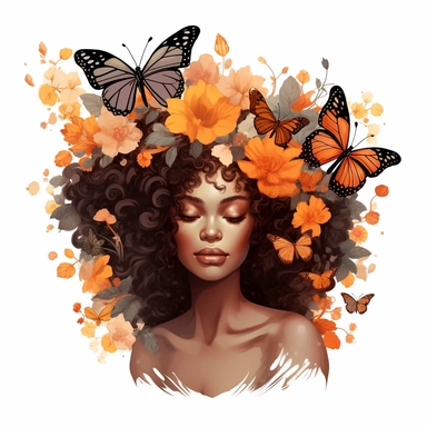 Black Angel Floral Clipart, Skin tone Amber color, curly hair, Hair Above Butterfly And some flowers , rainbow colors design clipart high resolution, white background