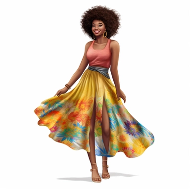 Hyperrealistic beautiful full figure african american lady with afro hair, dress or skirt summer attire, cute and colorful, clipart, hd, white background