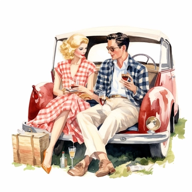 A couple dressed in elegant retro attire, sipping champagne and sharing a picnic on a checkerboard blanket in the backseat of a beautifully restored classic American convertible, extremely-detailed, high quality, clipart, watercolor, white background