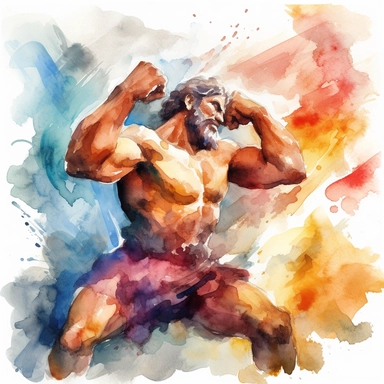 A vibrant watercolor clipart illustration portraying Hercules in action. In this dynamic scene, Hercules is shown engaged in a heroic feat, such as lifting a colossal boulder or battling a mythical creature. The illustration captures the strength and energy of Hercules through bold brushstrokes and intense colors. The watercolor medium adds a sense of fluidity and movement to the illustration, emphasizing the dynamic nature of Hercules' actions. The clipart style lends itself well to various app