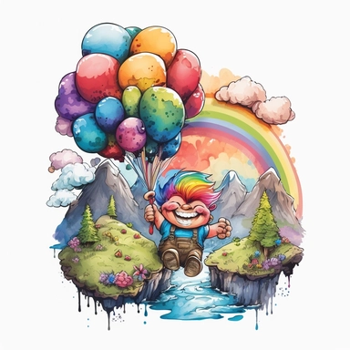 a sticker, a watercolor painting, rainbowcore, clip art, A troll with a big smile, holding a bunch of colorful balloons and floating above a picturesque landscape.