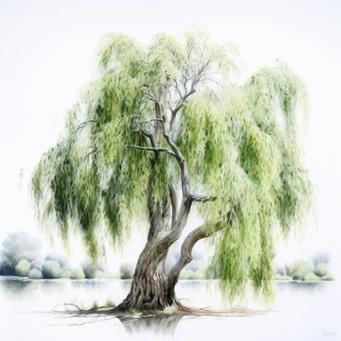 watercolor for a clipart with a white background of a weeping willow tree, hyperrealism, painted by Fang Lijun