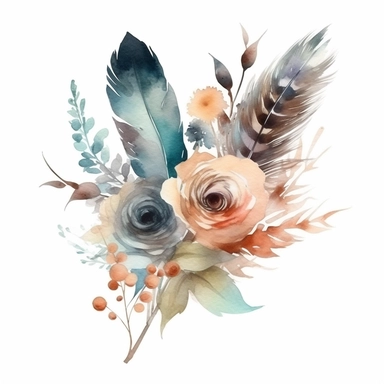 watercolor, single bunch of rustic flowers with feathers, bottom left-hand corner scroll ideal for wedding stationery, clipart
