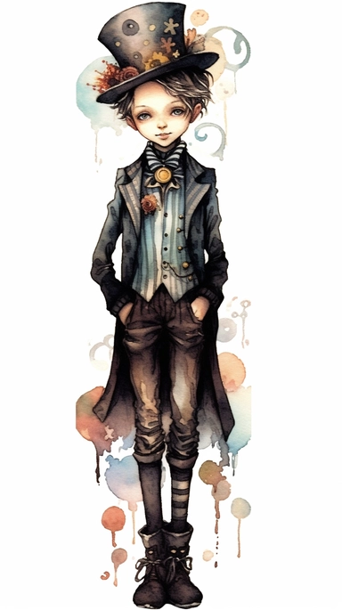 watercolor mixed media goth steampunk boy entire body illustration clipart by holly hobbie