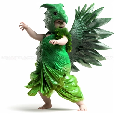 green baby girl Godzilla, looks like an alien, doing high step dance moves, wearing a designer dress made from Phoenix feathers , ultra high fashion, wearing ruby neck scarf, techno lighting, disney cuteness, plain white background, cutout clipart