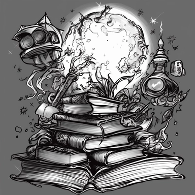 light academia, fantasy, books, black, cartoon, clipart