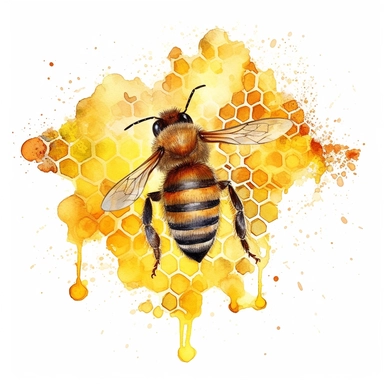 watercolor, A honey bee hovering near a beehive entrance, carrying a load of pollen on its hind legs, with a focused expression, with a honeycomb pattern as the coat or attire. (Digital drawing clipart, image black border color, full body, flat texture, transparent background)