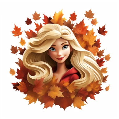 A princess aurora from Disney franchise sneaking out her head out of maple leaves stack, so many maple leaves in the center of the image,smiling, halloween, pixar style, clipart, white background , fall scene, swag cut