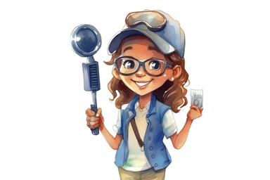 Watercolor, Design a cartoon character with a news reporter's microphone and a press badge, depicting a female reporter clipart, hd, on a white background, spaced out