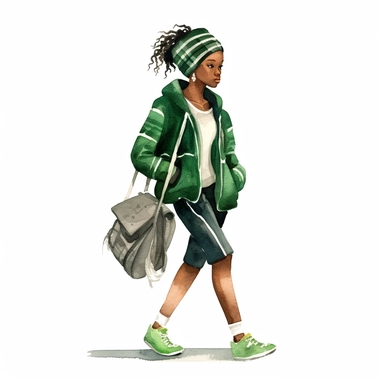 watercolor, black woman dressed up in harry potter slytherin clothing, green and black tennis shoes, style of mary blair white background, clipart