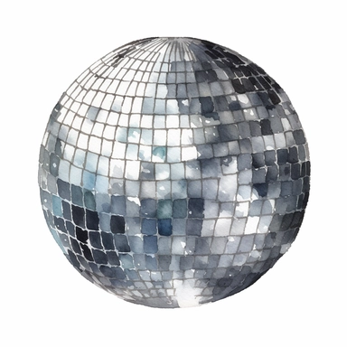 Aquarelle painting of 50s silver disco ball, white background, Clipart,