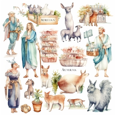 Watercolor roman angora with roman people shopping , illustrations clipart set, simple, , cartoon elements, different variants , iron elements, marble elements, separate elements with a margin