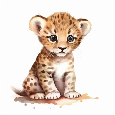 an active baby leopard with kind eyes clipart with watercolor illustration,full body shot,8k,etsy style, white background