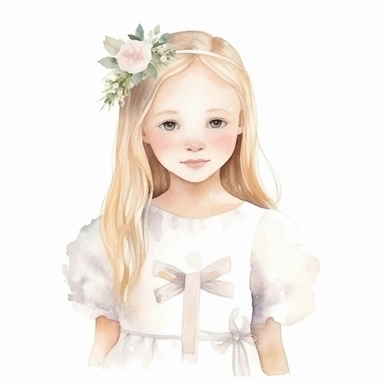 watercolor First communion cute illustrations , girl in a long white dress, cross ,clip art on clean white background